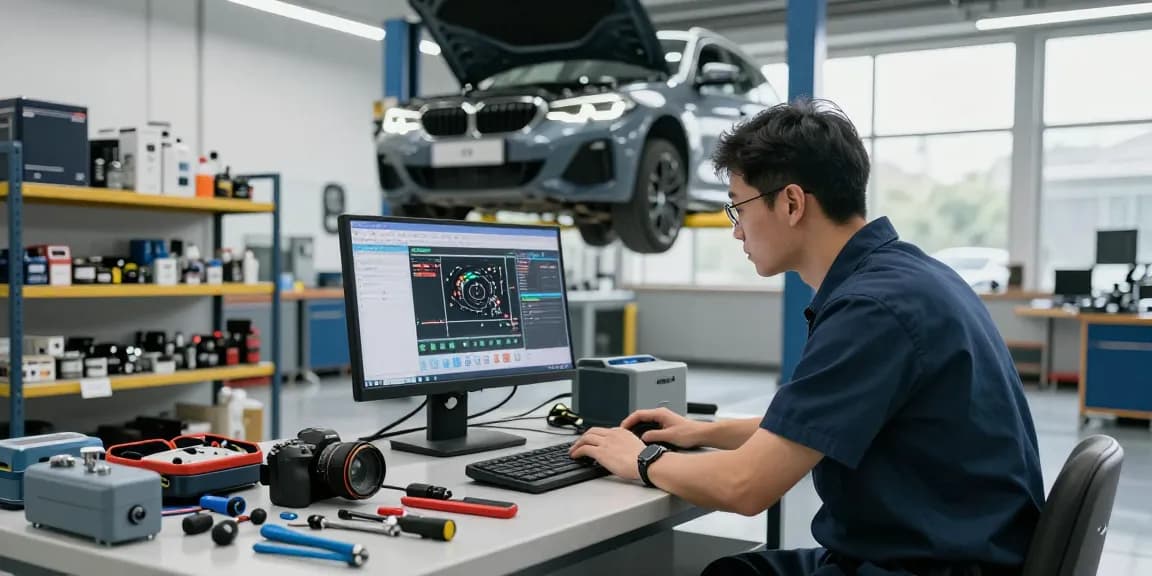 BMW Werkstatt Hannover: Fachtechniker in professioneller Werkstatt bei Motorinspektion.