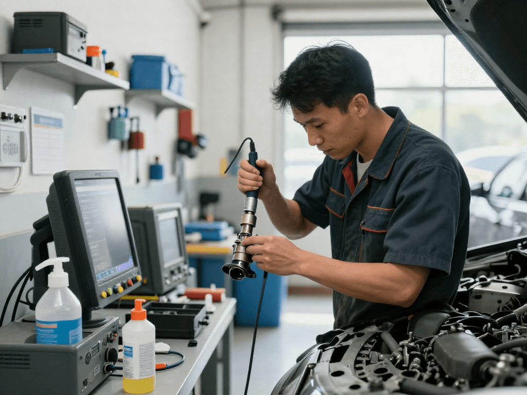 DPF Reinigung Hannover mit Fachtechniker, der an Fahrzeug arbeitet