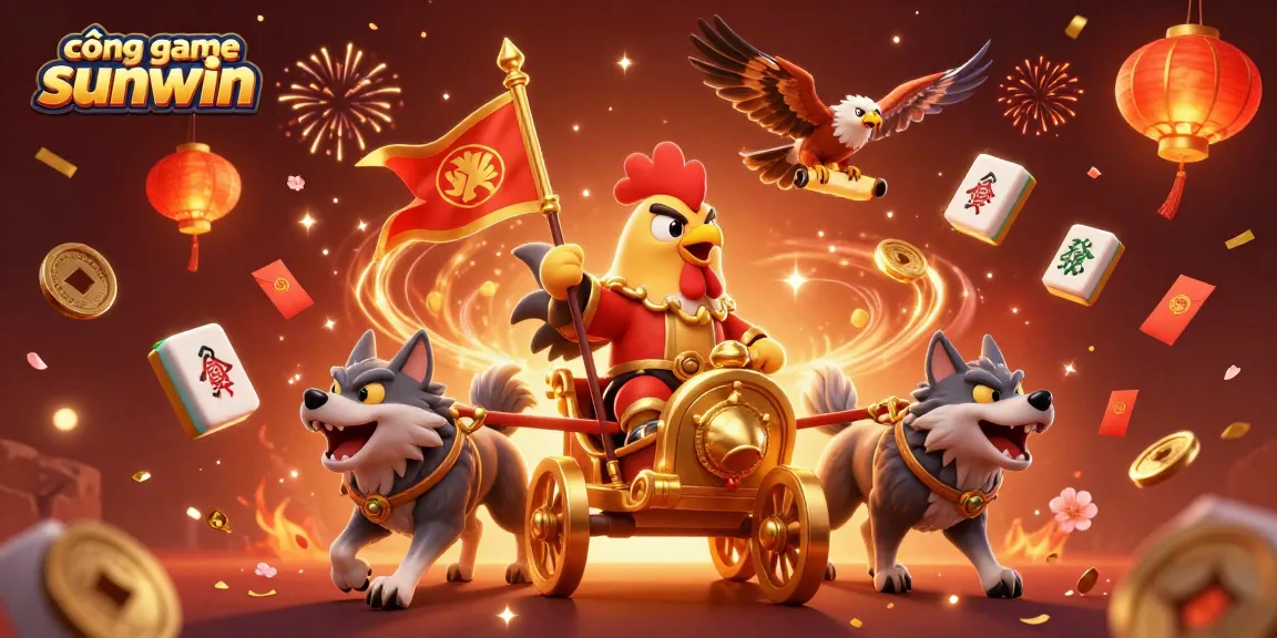 Engage in cổng game sunwin with a dynamic fantasy scene featuring a rooster warlord and vibrant festive elements.