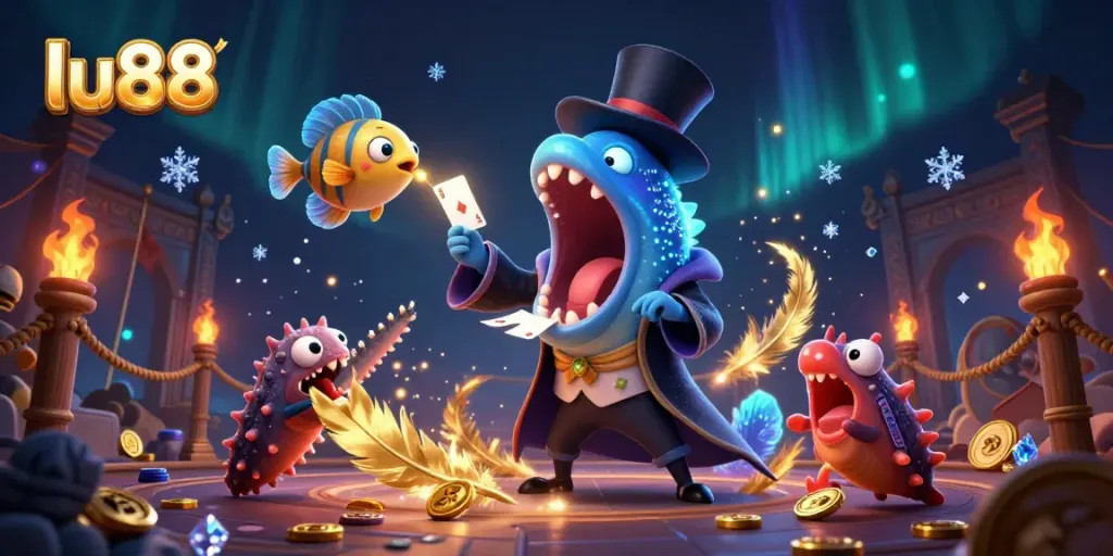 Engaging scene of the lu88 brand with animated sea creatures showcasing magic tricks in a vibrant casino theme.