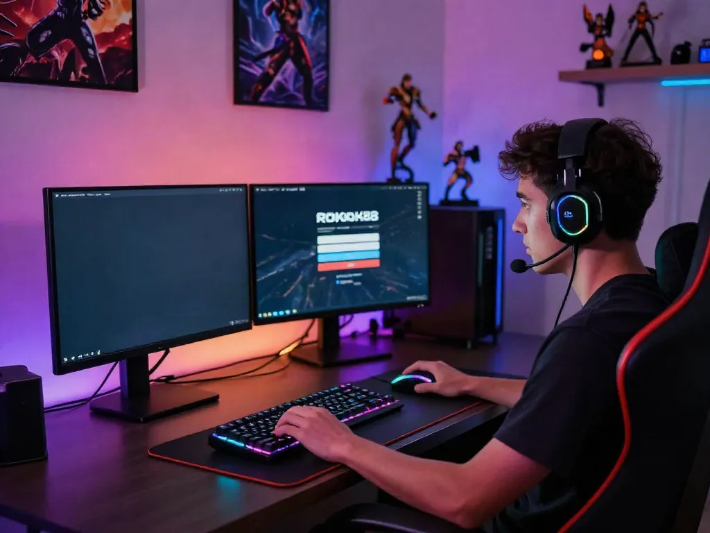 Intense gamer focused on ROKOK88 login interface in a vibrant home setting