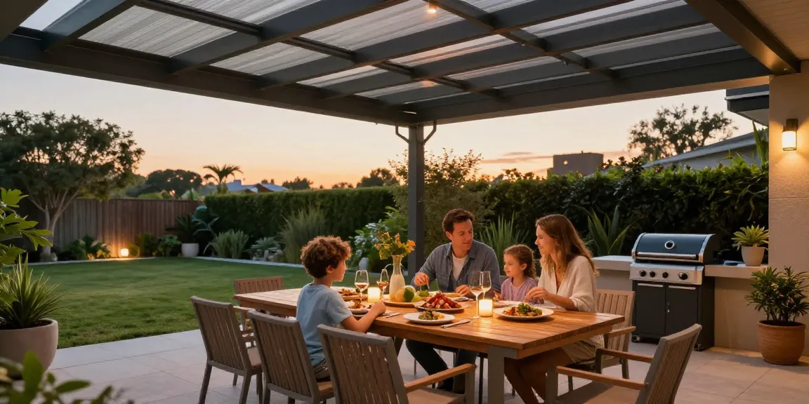 Familie genießt das Essen unter einer modernen Terrassenüberdachung im Garten.