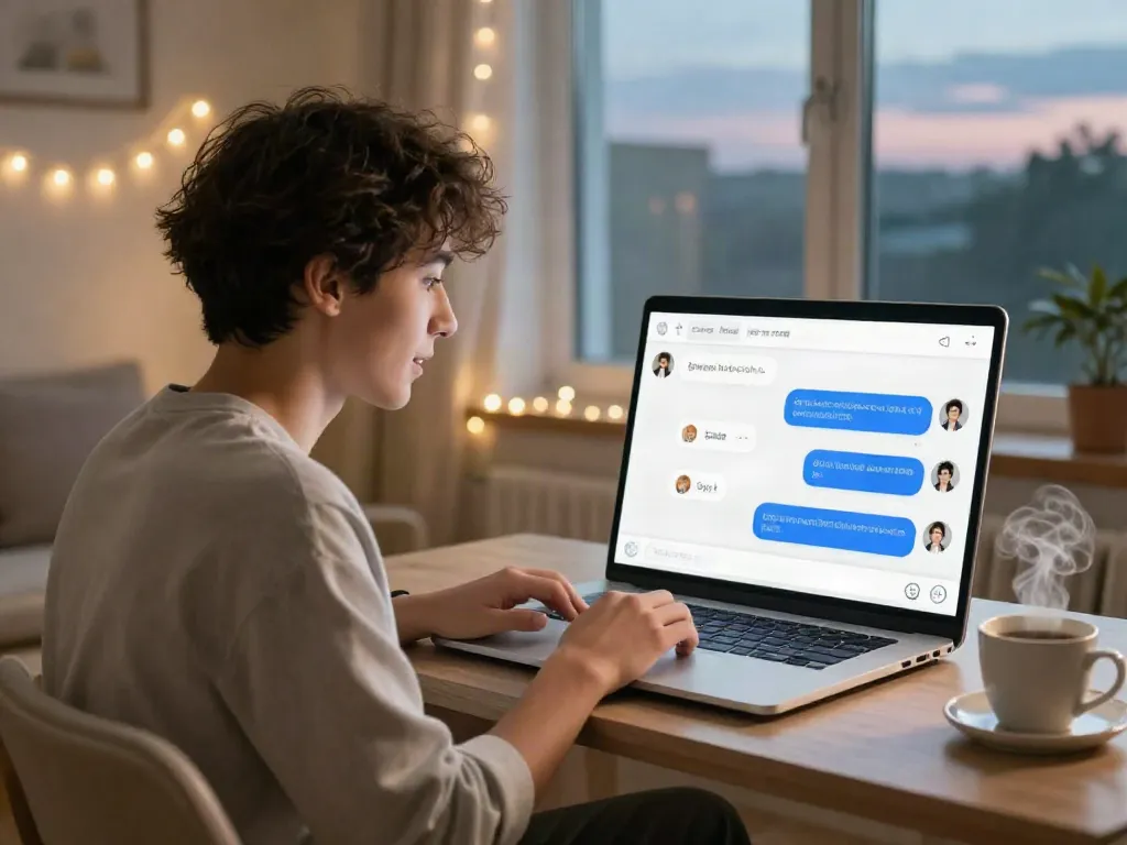 Engaging virtual porn chat on a laptop in a cozy setting with a steaming mug.