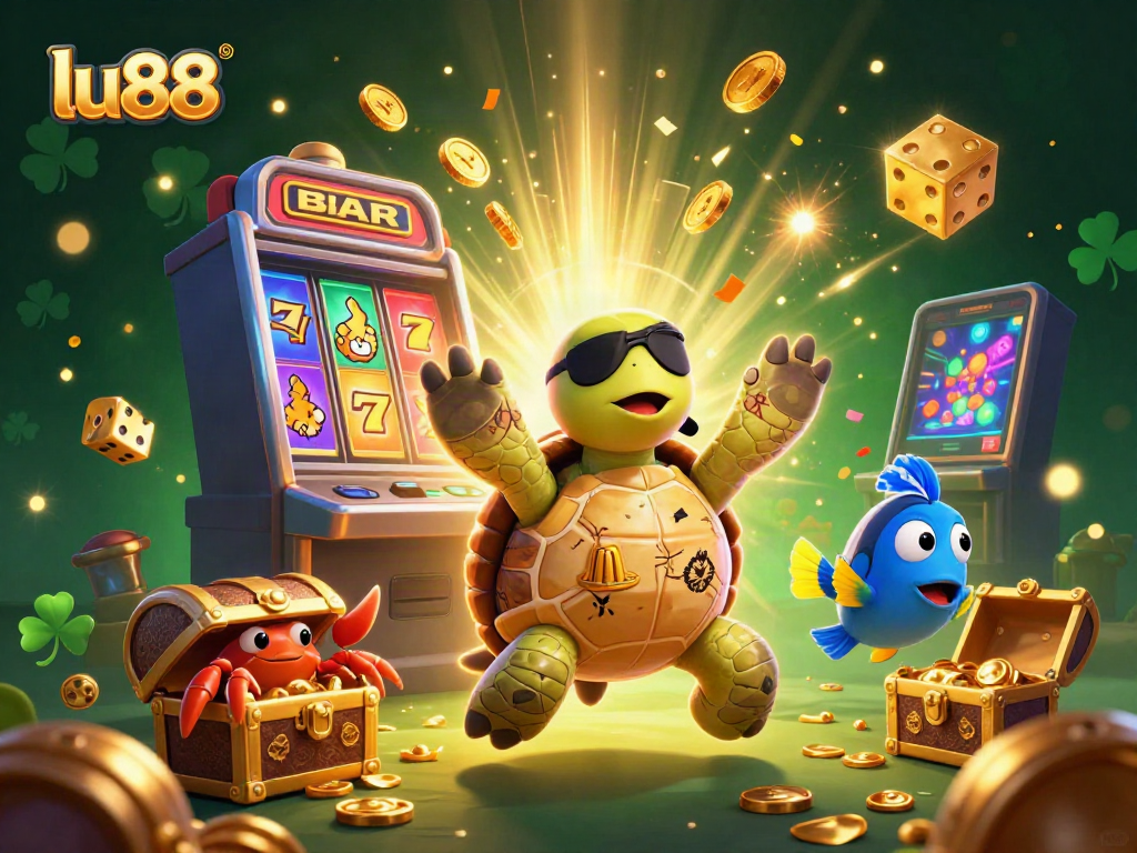 Engage in thrilling gameplay at lu88 with a vibrant casino scene featuring treasures and animated characters.