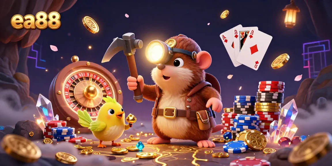 ea88 showcases a 3D cartoon treasure hunter mole surrounded by golden coins and casino icons in a vibrant scene.