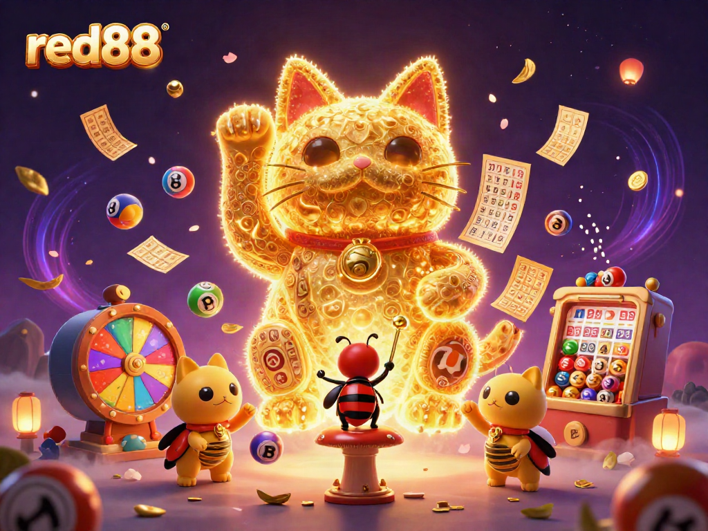 Experience excitement with red88's playful lucky cat, surrounded by casino symbols.
