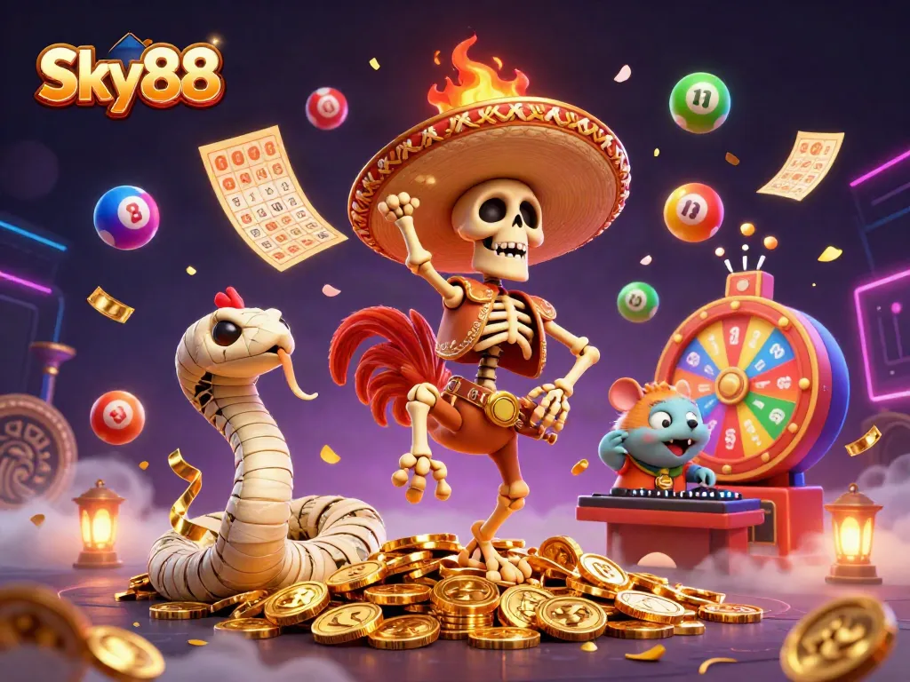 Sky88's vibrant scene features a victory-dancing rooster amid dynamic casino elements.