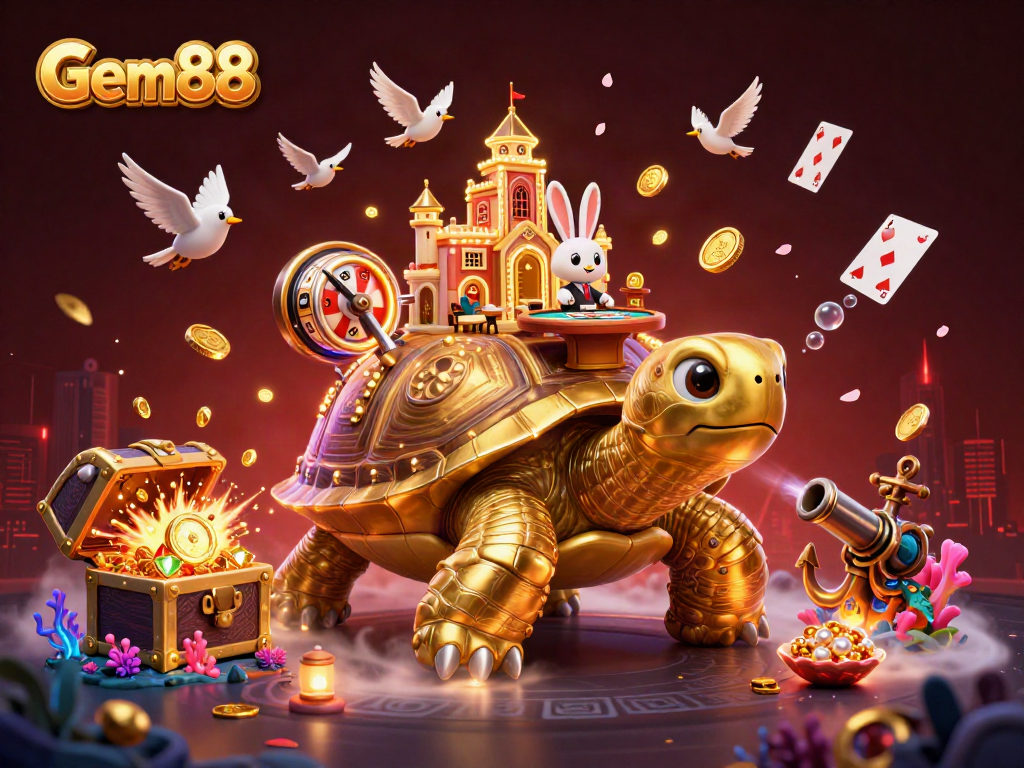 Gem88 presents an exciting casino scene featuring a golden tortoise and thrilling gameplay elements.