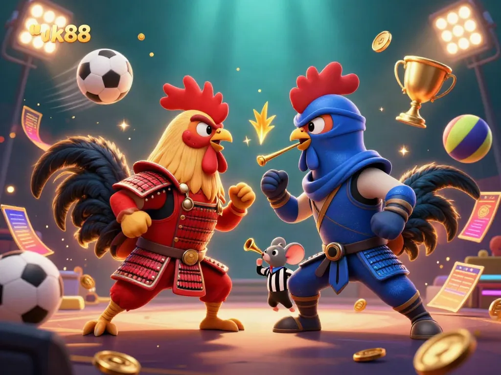 Engage in thrilling games at UK88 with dynamic roosters and sports elements in a vibrant casino scene.