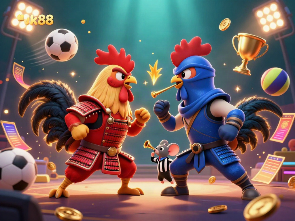 Engage in thrilling games at UK88 with dynamic roosters and sports elements in a vibrant casino scene.