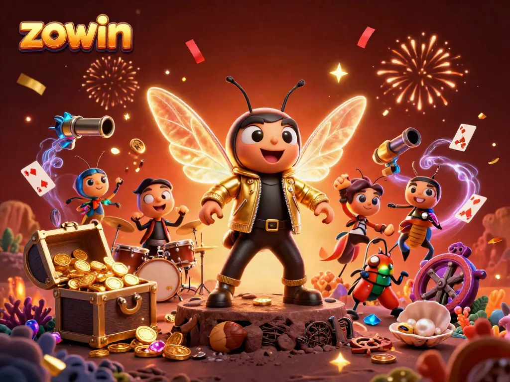 Experience the epic casino adventure with zowin as vibrant characters bring games to life in a dazzling illustration.