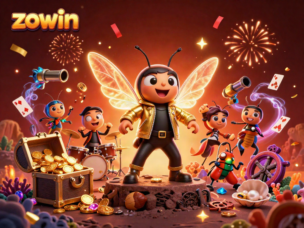 Experience the epic casino adventure with zowin as vibrant characters bring games to life in a dazzling illustration.