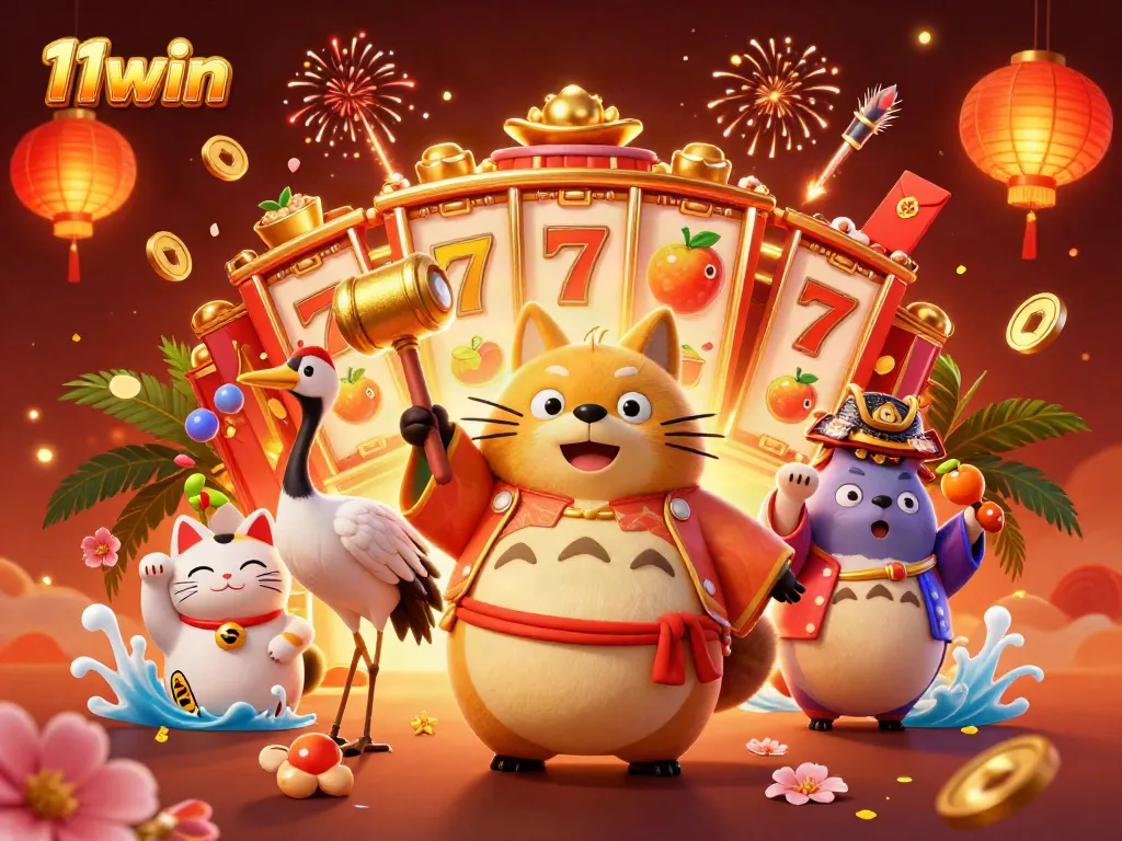 Experience the vibrant 11win casino scene with cheerful characters and dynamic gaming elements.