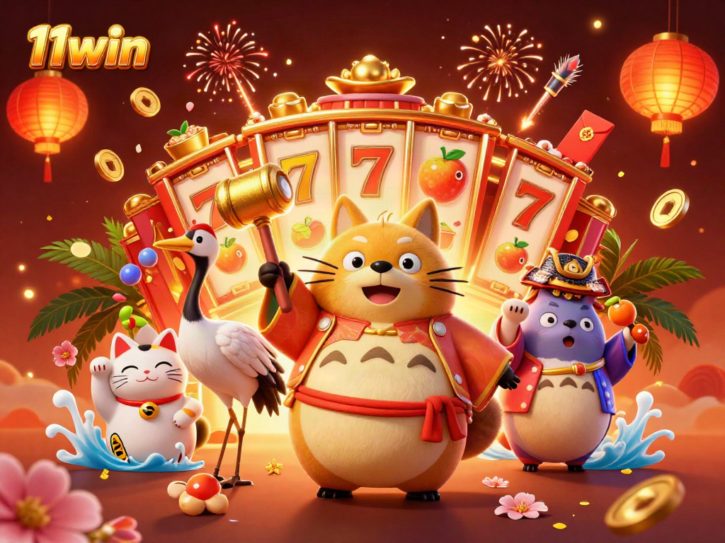 Experience the vibrant 11win casino scene with cheerful characters and dynamic gaming elements.