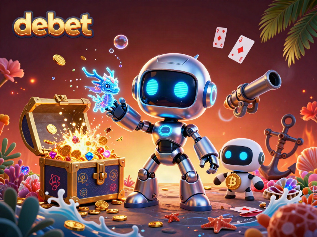 Experience thrilling wins with debet in a vibrant 3D casino scene featuring futuristic characters and game elements.