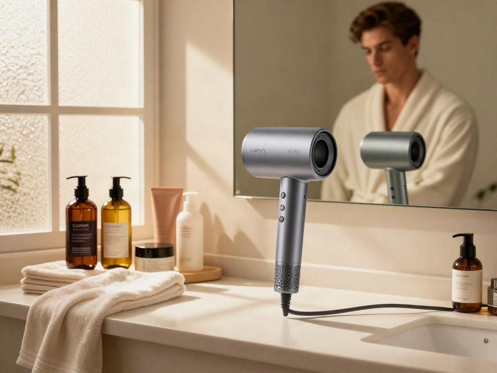 Eleganter Laifen Fön auf dem Badezimmerwaschtisch mit Pflegeprodukten.