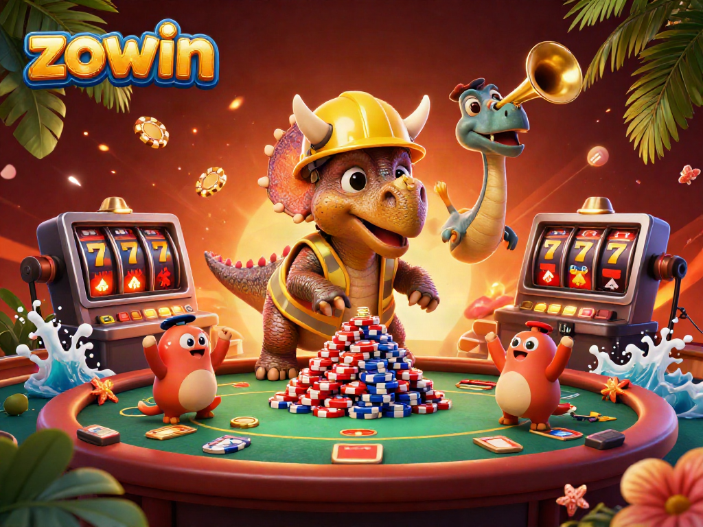 Zowin brings excitement with a colorful triceratops and casino elements celebrating gaming wins.