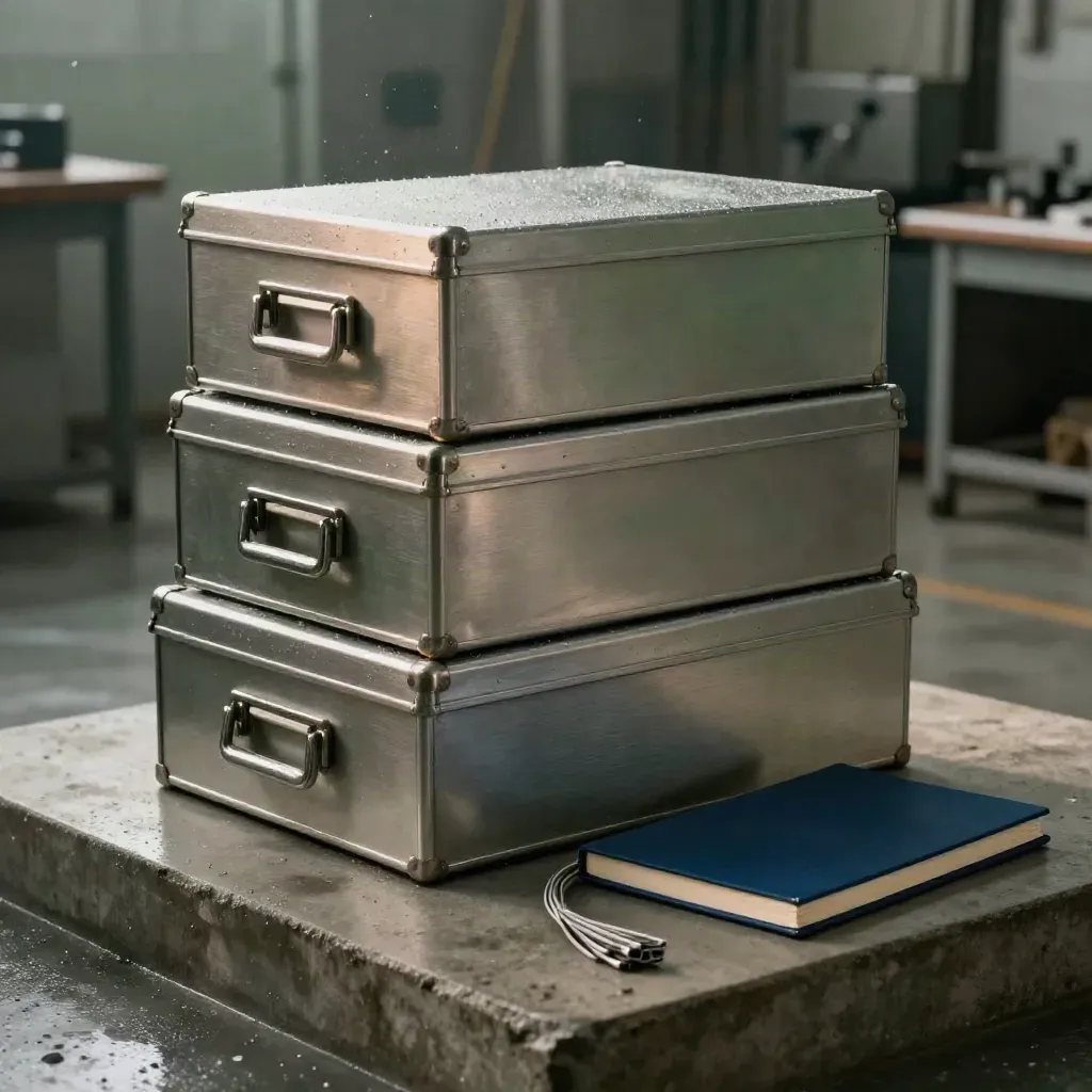 Brushed-Alu-Archivboxen mit blauem Notizbuch und Kabelbündel auf nassem Beton.