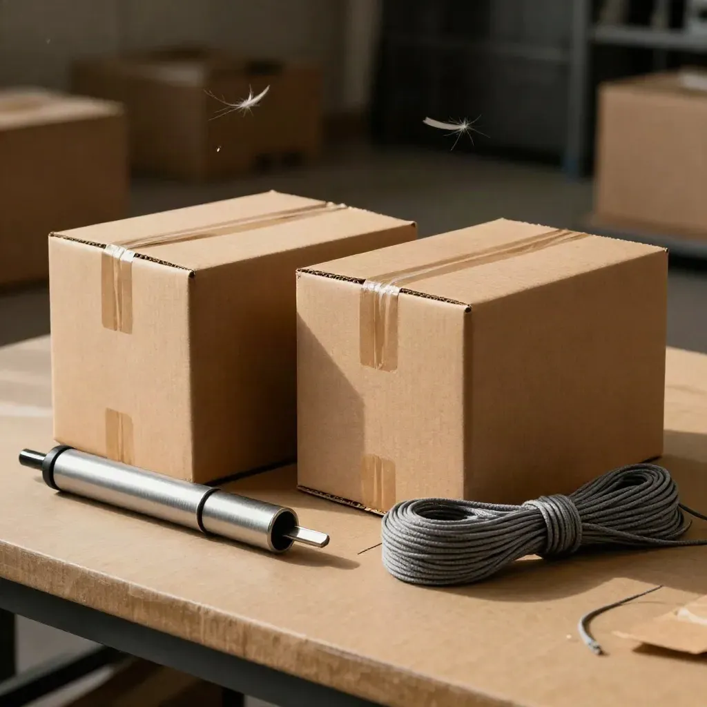 Drei Versandobjekte auf einem Packtisch im dunklen Studio, dramatisch von links oben beleuchtet.