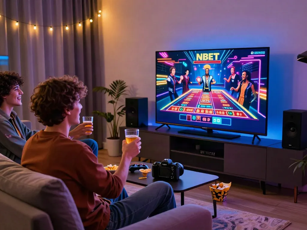 Interactive gaming night at home with friends enjoying casino games from https://nbet.page/.