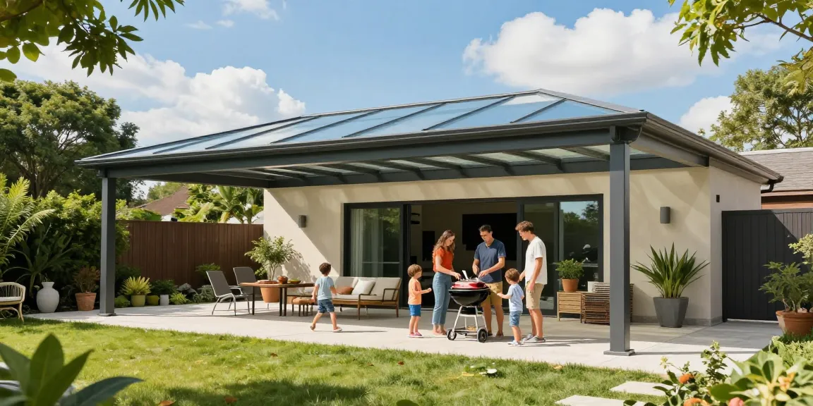 Moderne freistehende Terrassenüberdachung mit Familie beim Grillen im Garten.