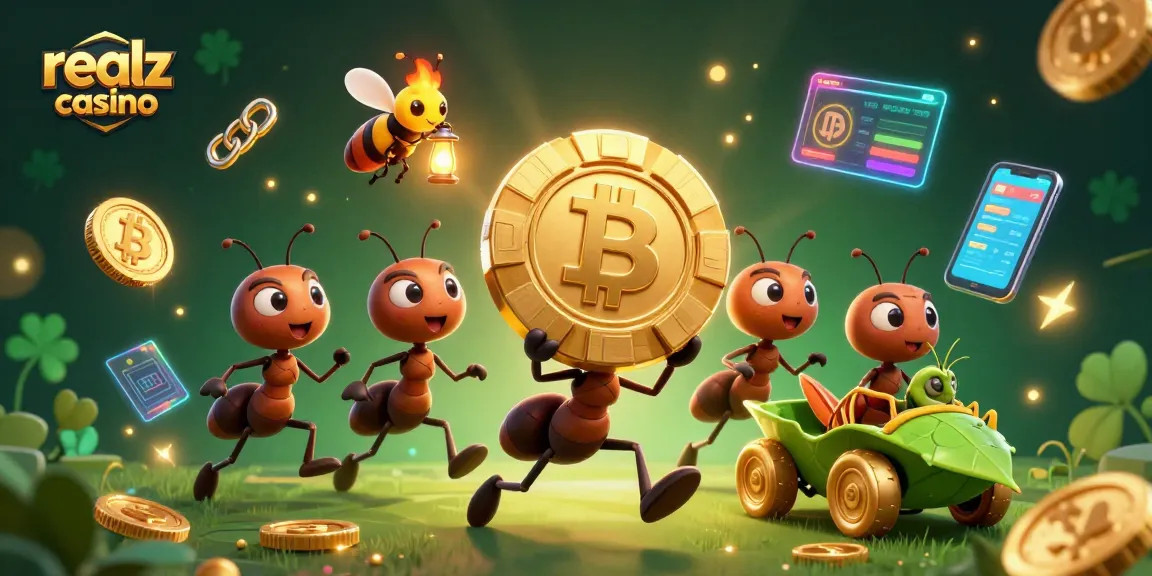 Experience the excitement of realz casino with animated ants and vibrant crypto elements.