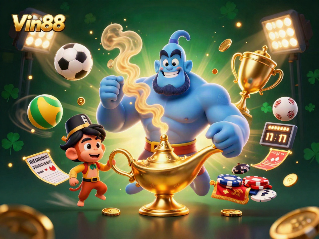 Play thrilling games at Vin88 with dynamic sports features, trophies, and vibrant casino elements.