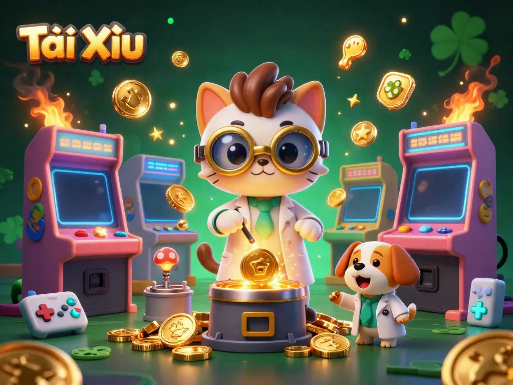 Engage in Tài Xỉu gameplay with mad scientist cat and assistant, surrounded by vibrant casino elements.