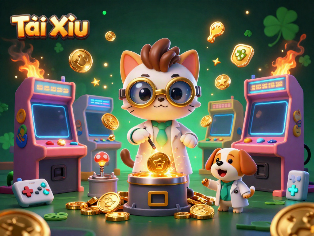 Engage in Tài Xỉu gameplay with mad scientist cat and assistant, surrounded by vibrant casino elements.