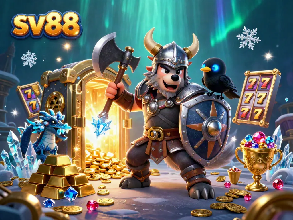Experience thrilling gaming action with sv88 featuring a Viking warrior, fierce dragon, and treasures in a dynamic casino illustration.
