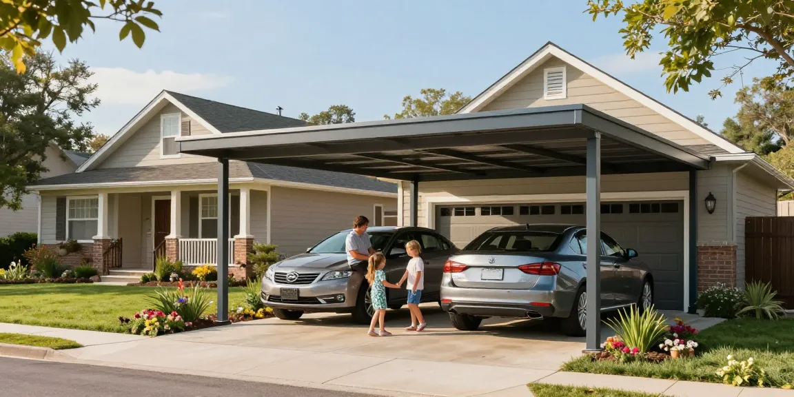 Moderne Carport in einem Vorort mit Familie und Garten, idealer Schutz für Fahrzeuge.