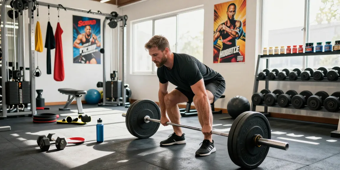 Muscularer Bodybuilder beim Deadlift im Fitnessstudio, Steroidshop Supplements im Fokus.