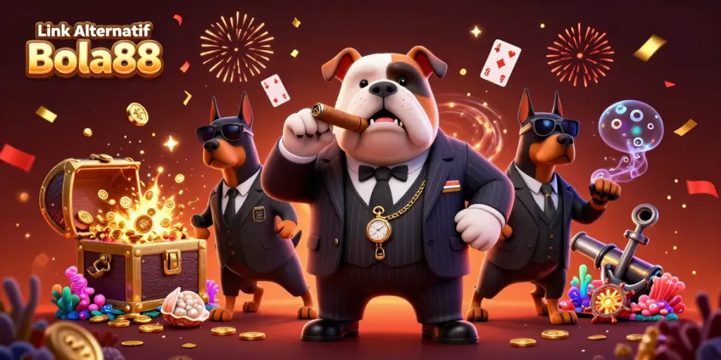 Win more with Link Alternatif Bola88, featuring a lively casino scene with a mafia bulldog and his guards.