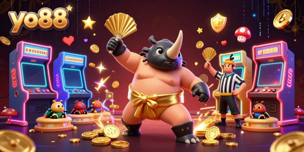 Experience the excitement of yo88 with a vibrant 3D scene featuring a sumo champion beetle amidst glowing game elements and gold coins.