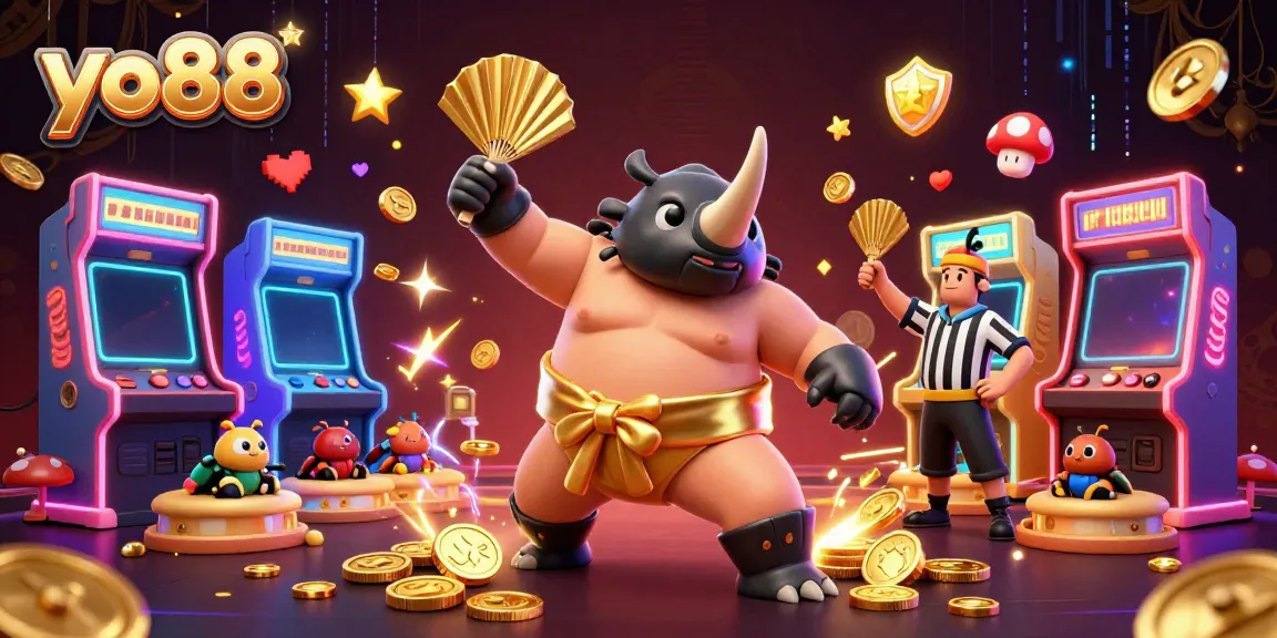 Experience the excitement of yo88 with a vibrant 3D scene featuring a sumo champion beetle amidst glowing game elements and gold coins.
