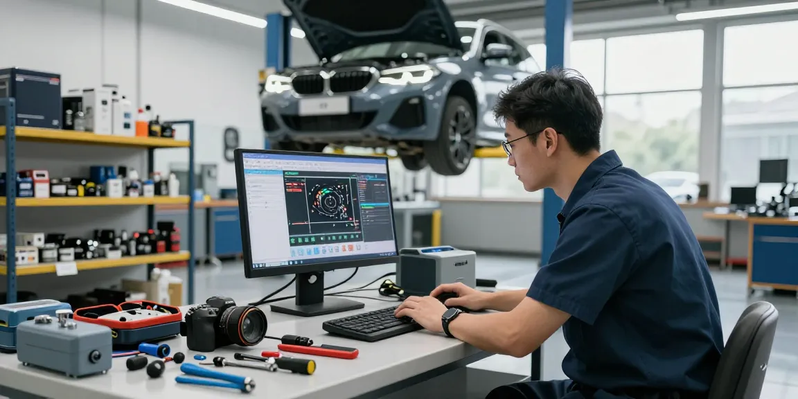 BMW Werkstatt Hannover: Fachtechniker in professioneller Werkstatt bei Motorinspektion.