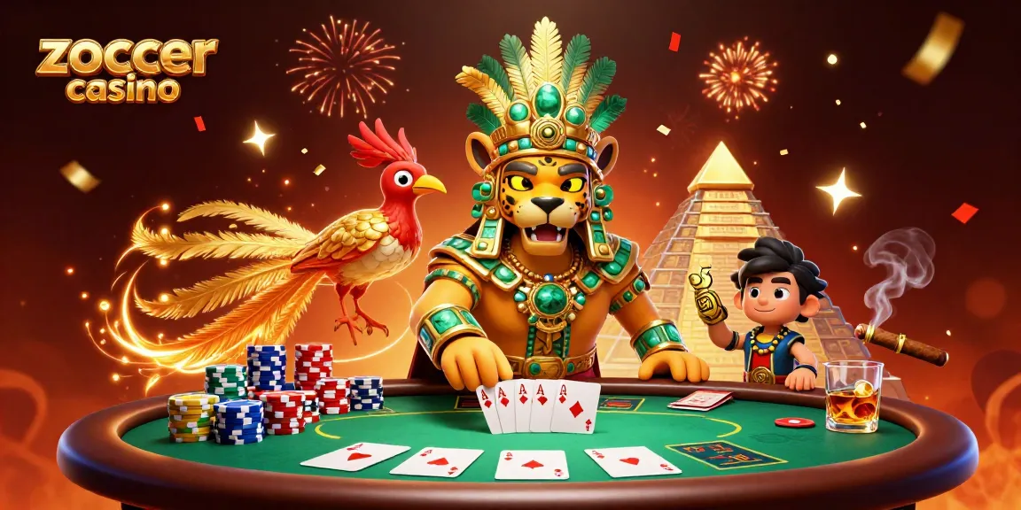 Engage in the vibrant zoccer casino featuring a dynamic 3D illustration of a Mayan priest and gaming elements.