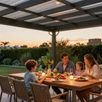 Familie genießt das Essen unter einer modernen Terrassenüberdachung im Garten.
