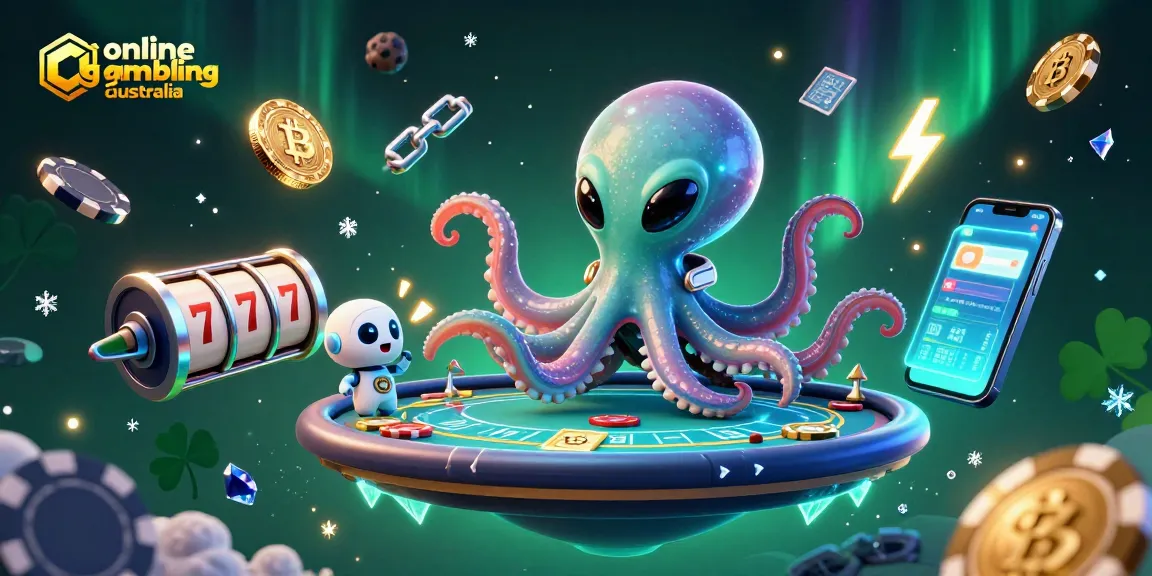 Engage in online gambling Australia with a vibrant scene featuring an alien octopus at a poker table.