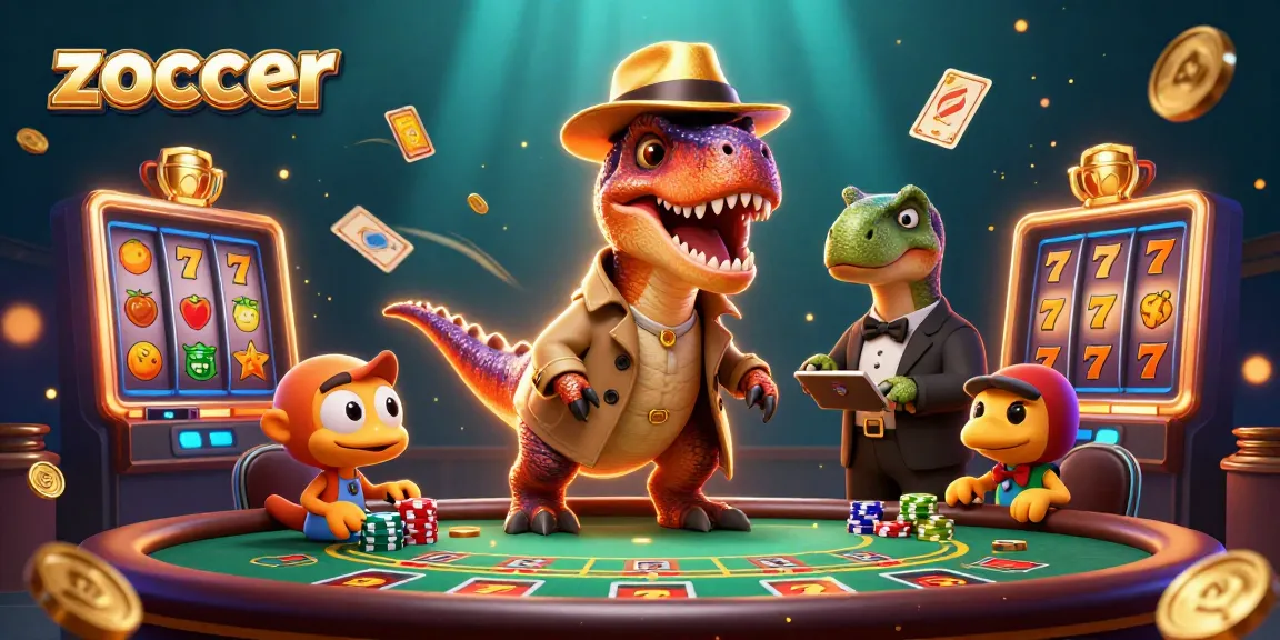 Zoccer's blackjack scene features a clever velociraptor card counter, a suspicious stegosaurus pit boss, and sneaky compy pickpocket.