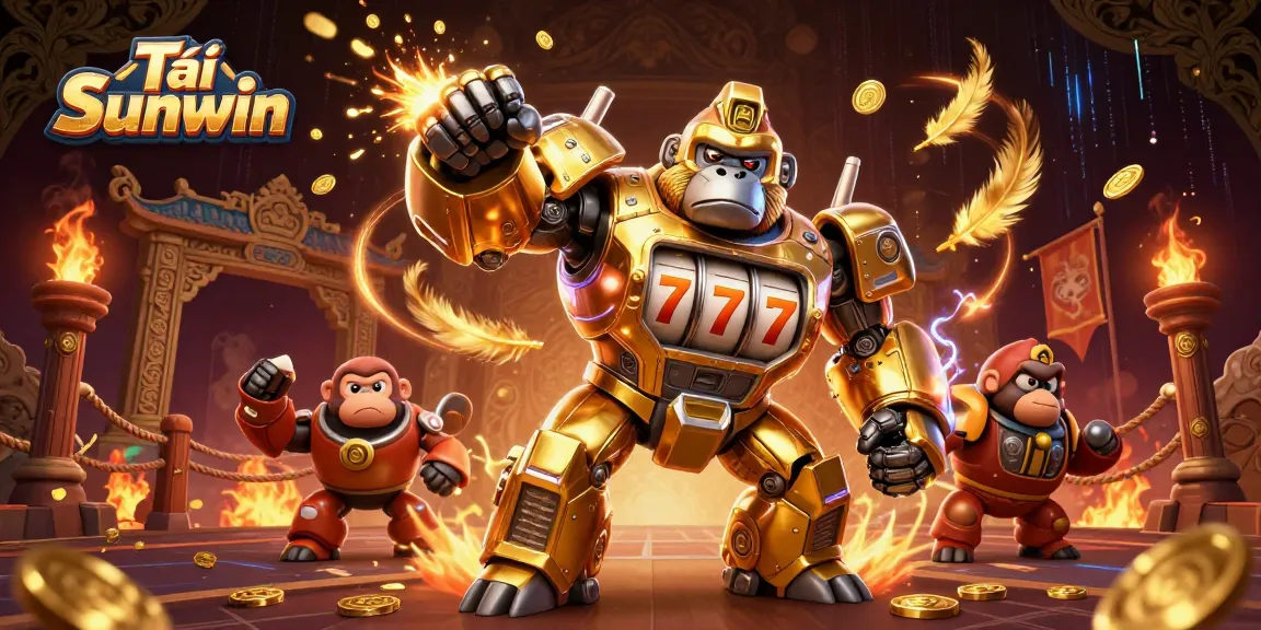 Tải Sunwin app energizes players with a vibrant 3D illustration of a golden gorilla mech in action.