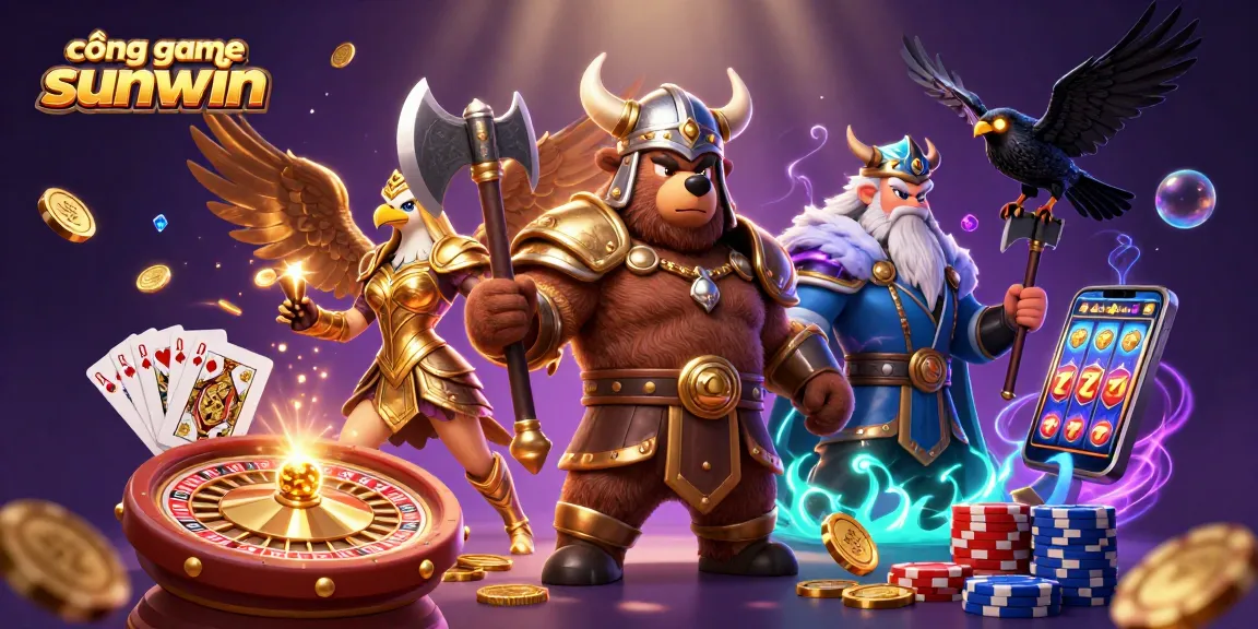 Cascading golden coins and vibrant slots in an energetic cổng game sunwin scene featuring a Viking bear and Valkyrie Eagle.